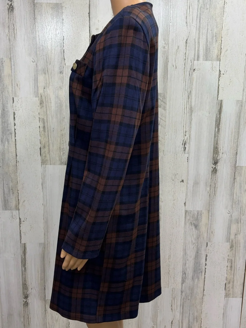 Fashion Bug Vintage 80’s-90’s Navy & Brown Plaid Button-Front Dress